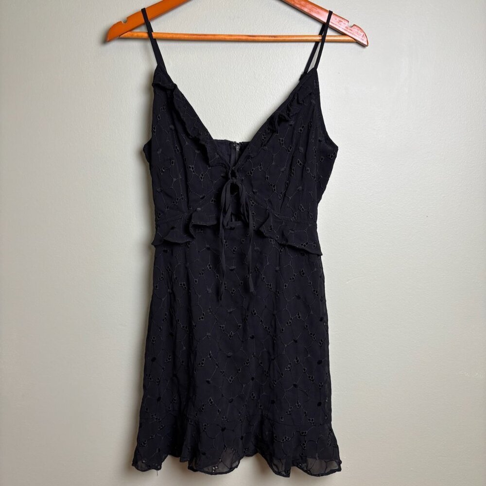 Storia Babydoll Black Dress Lined Sz M Eyelet Spaghetti Strap Cutouts Flirty Y2K